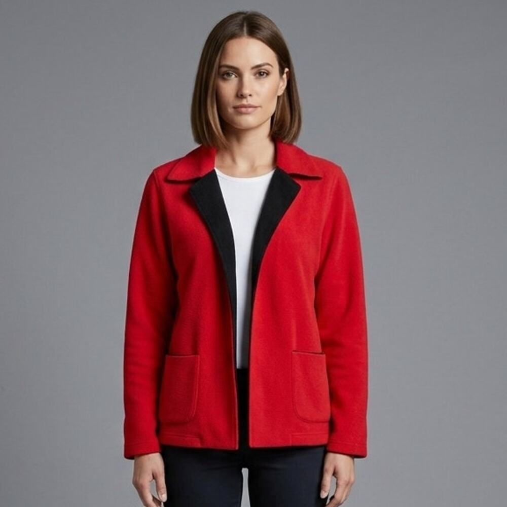 Vintage Tanjay Womens Size 12P Red Open Front Jacket Soft Pockets Blazer Style